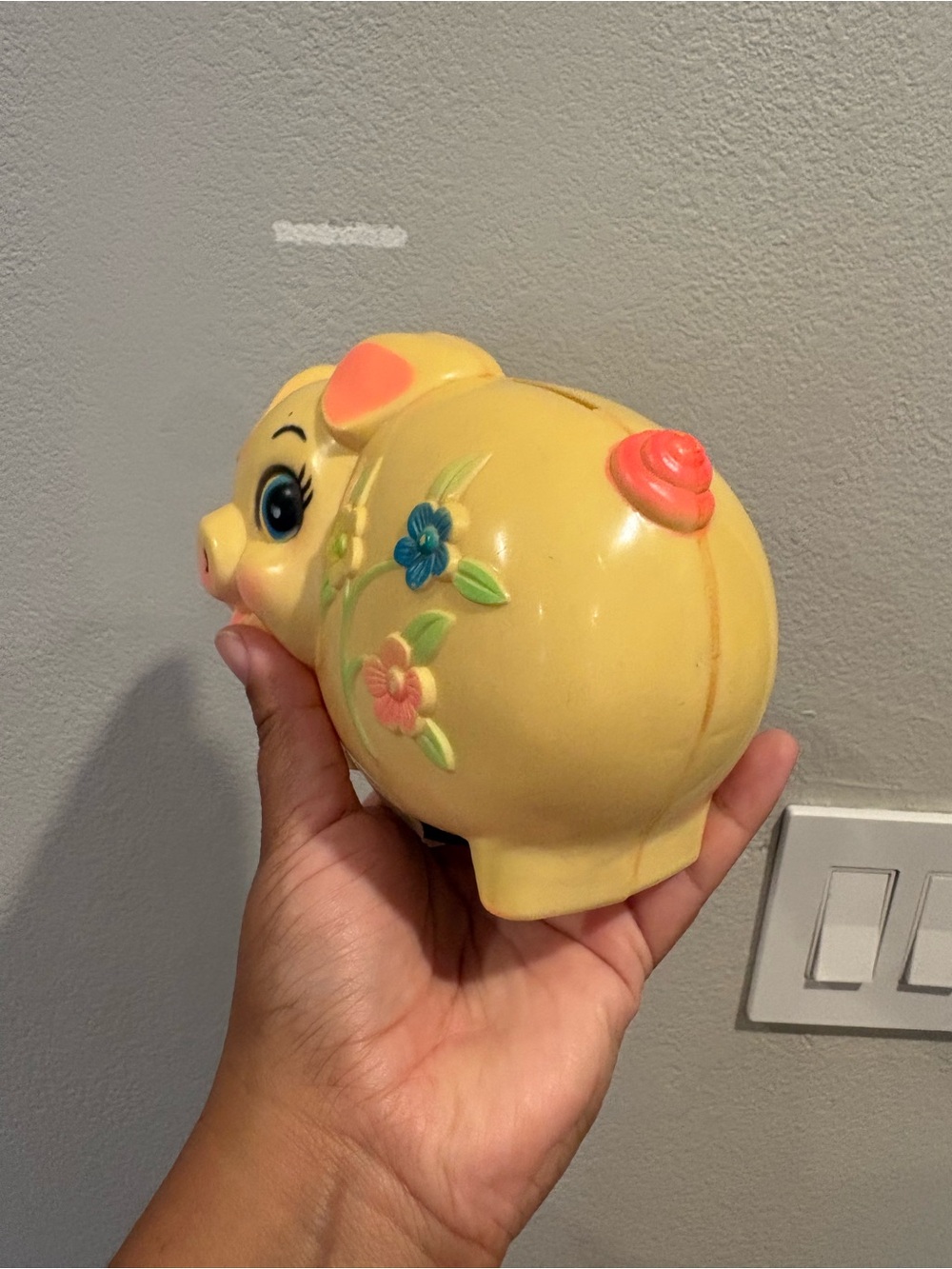 Vintage 1977 Sanitoy Yellow Plastic Piggy Bank Hand Painted Bright Colors - Picture 3 of 10